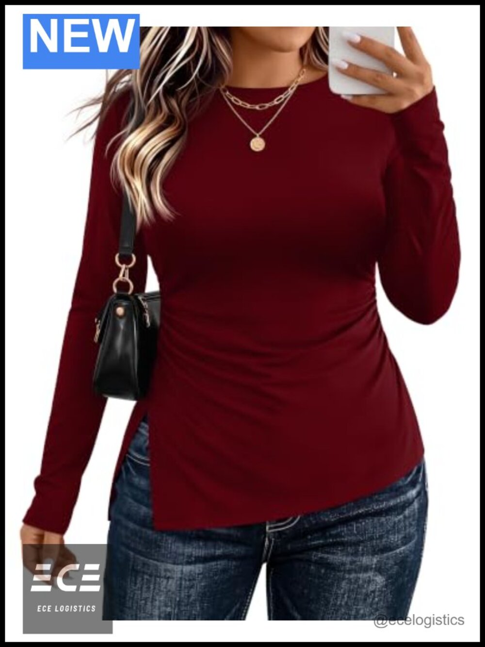 Plus Size Long Sleeve Ruched Side Slit Tunic Top Crew Neck